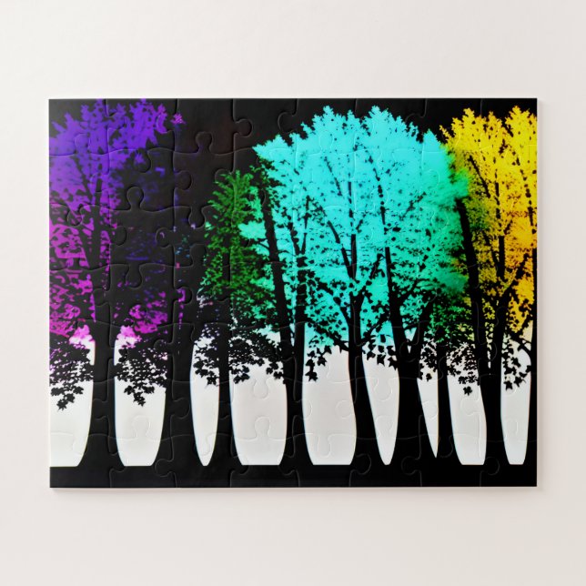 Abstract Colourful Leaves on Black Silhouette Tree Jigsaw Puzzle (Horizontal)