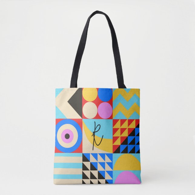 Abstract Colourful Modern Geometric Monogram Tote Bag (Front)