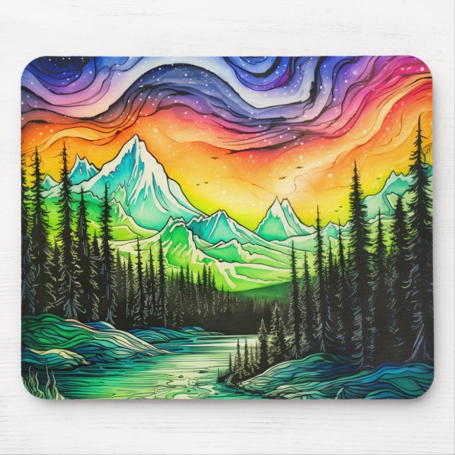 Abstract Colourful Northern Lights Illustration Mouse Pad (Front)