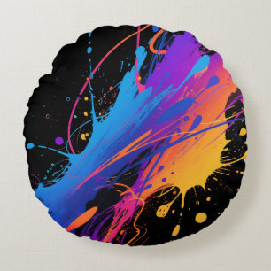 Abstract Colourful Paint Splatter Background Round Cushion