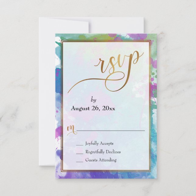 Abstract Colourful Paint Splatters Gold Script RSVP Card (Front)