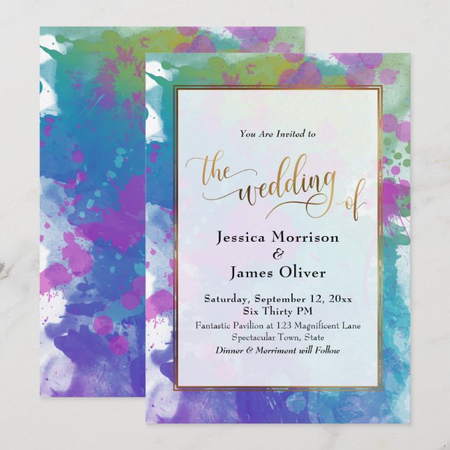Abstract Colourful Paint Splatters Gold Wedding Invitation (Front/Back)
