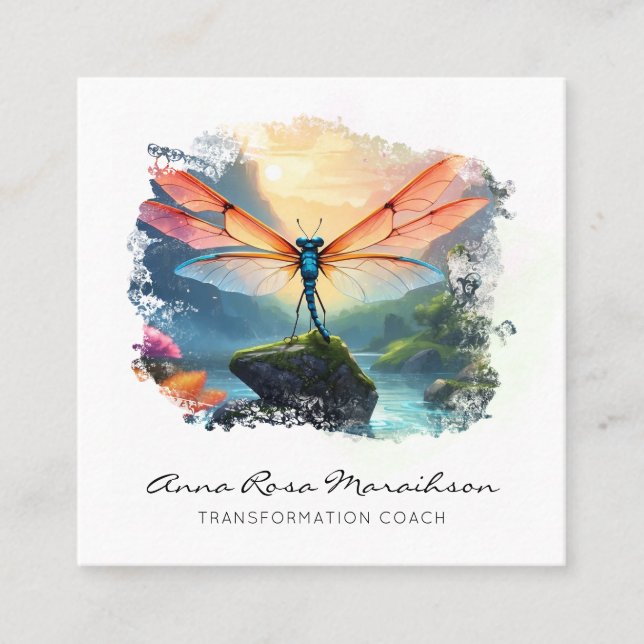 *~* Abstract Colourful painting  Lotus Dragonfly   Square Business Card (Front)