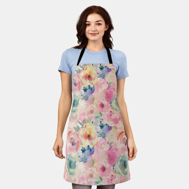 Abstract Colourful Pastel Flowers Floral Pattern Apron (Worn)