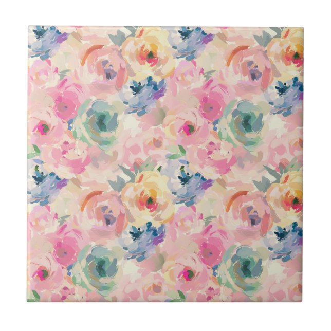 Abstract Colourful Pastel Flowers Floral Pattern Ceramic Tile (Front)