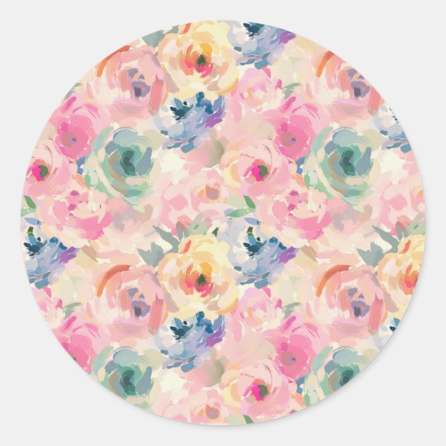 Abstract Colourful Pastel Flowers Floral Pattern Classic Round Sticker (Front)