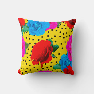 Abstract Colourful Real Roses and Metallic Leaves Cushion