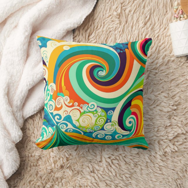 Abstract Colourful Retro 70s Hippie Waves Artwork  Cushion (Blanket)