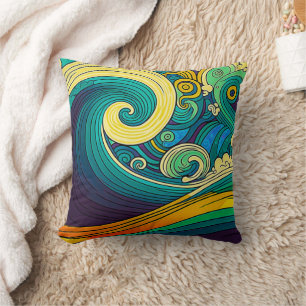 Abstract Colourful Retro 70s Hippie Waves Artwork  Cushion
