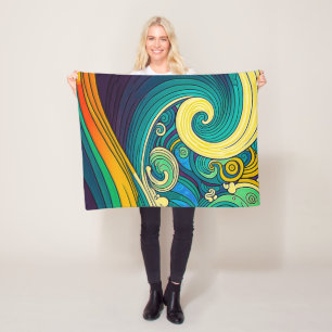 Abstract Colourful Retro 70s Hippie Waves Artwork  Fleece Blanket