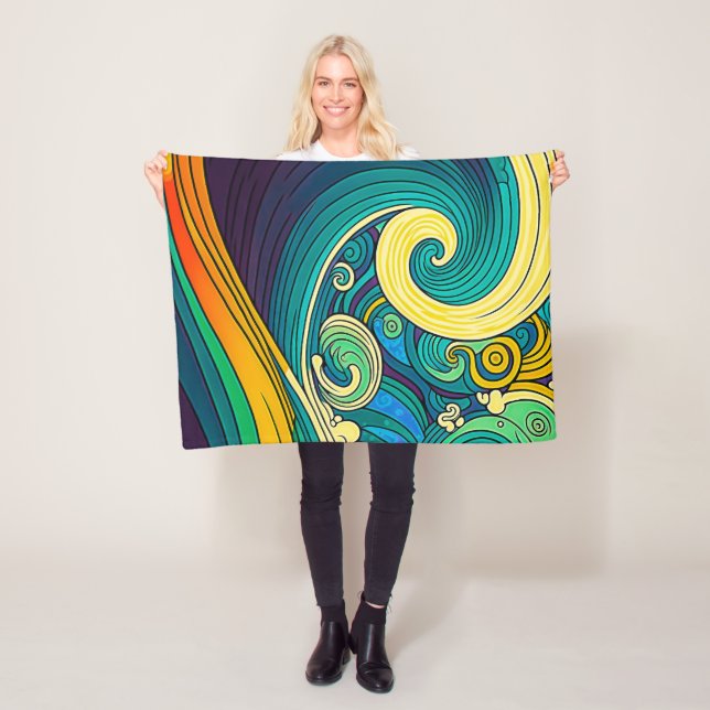 Abstract Colourful Retro 70s Hippie Waves Artwork  Fleece Blanket (In Situ)