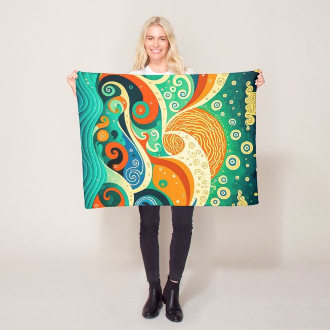 Abstract Colourful Retro 70s Hippie Waves Artwork  Fleece Blanket (In Situ)