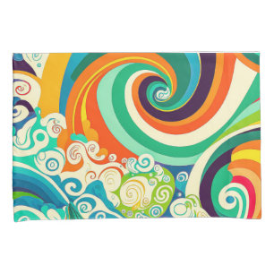 Abstract Colourful Retro 70s Hippie Waves Artwork  Pillowcase
