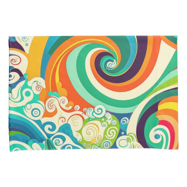 Abstract Colourful Retro 70s Hippie Waves Artwork  Pillowcase (Front-Right)