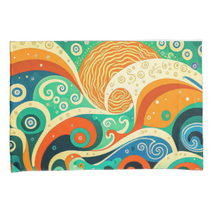 Abstract Colourful Retro 70s Hippie Waves Artwork  Pillowcase