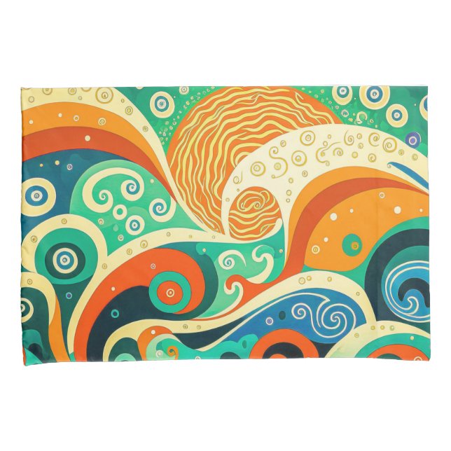 Abstract Colourful Retro 70s Hippie Waves Artwork  Pillowcase (Front-Right)