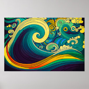 Abstract Colourful Retro 70s Hippie Waves Artwork  Poster