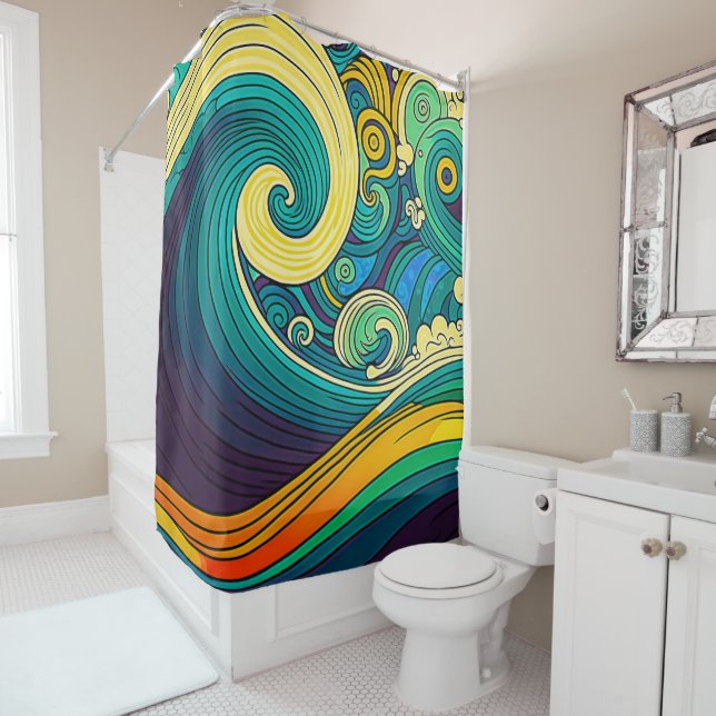 Abstract Colourful Retro 70s Hippie Waves Artwork  Shower Curtain (In Situ)