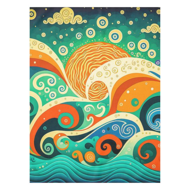 Abstract Colourful Retro 70s Hippie Waves Artwork  Tablecloth (Front)