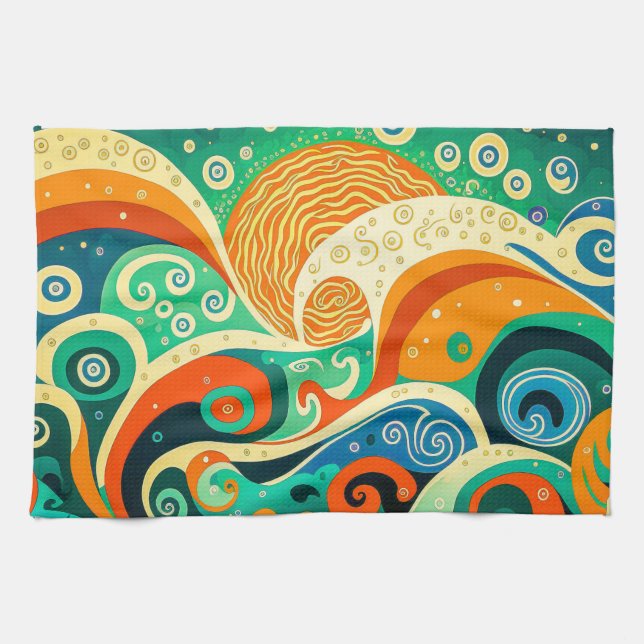 Abstract Colourful Retro 70s Hippie Waves Artwork  Tea Towel (Horizontal)