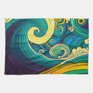 Abstract Colourful Retro 70s Hippie Waves Artwork  Tea Towel