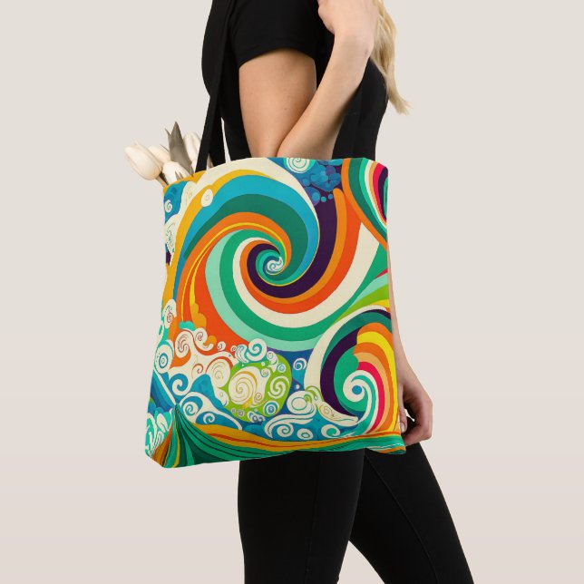 Abstract Colourful Retro 70s Hippie Waves Artwork  Tote Bag (Close Up)