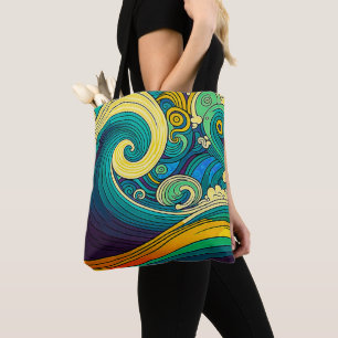 Abstract Colourful Retro 70s Hippie Waves Artwork  Tote Bag