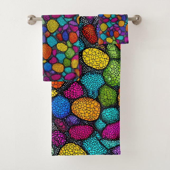Abstract colourful rocks bath towel set (Insitu)