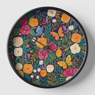Abstract Colourful Roses Butterflies Art Clocks
