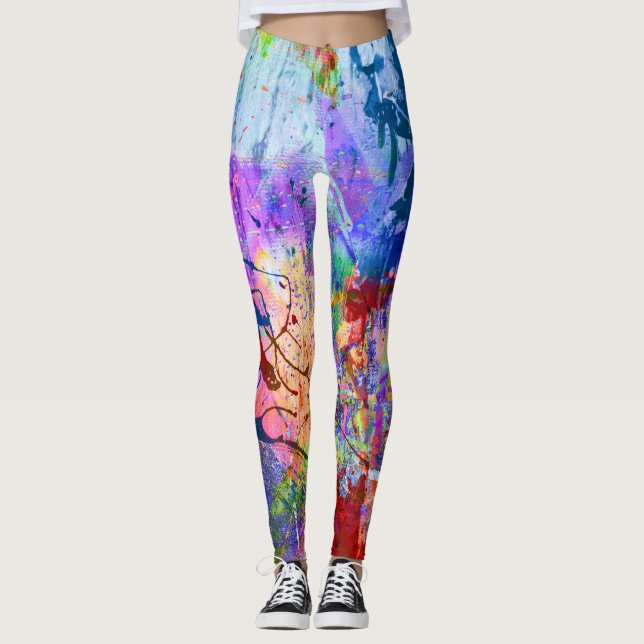 Abstract Colourful Splatter Paint Rainbow Leggings (Front)