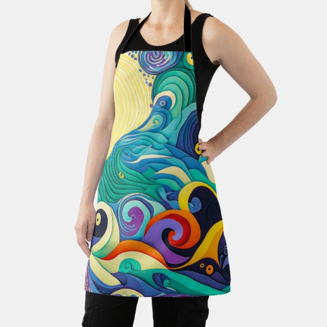 Abstract Colourful Sun Waves Line Art Illustration Apron (Insitu)