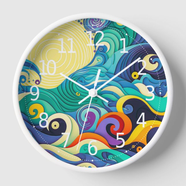 Abstract Colourful Sun Waves Line Art Illustration Clock (Front)