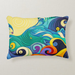 Abstract Colourful Sun Waves Line Art Illustration Decorative Cushion