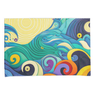 Abstract Colourful Sun Waves Line Art Illustration Pillowcase