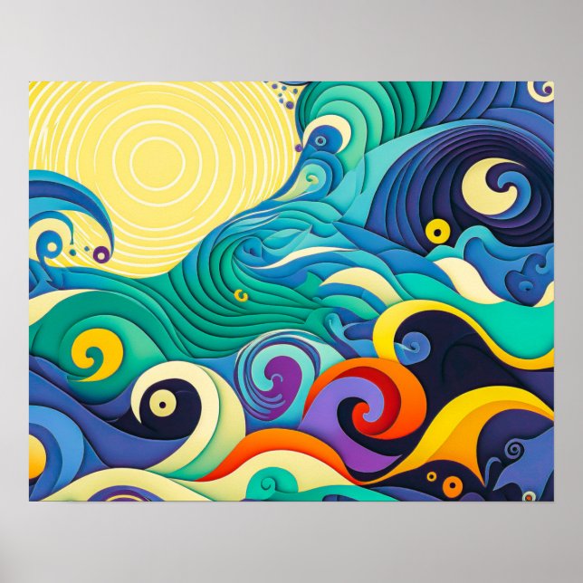 Abstract Colourful Sun Waves Line Art Illustration Poster (Front)