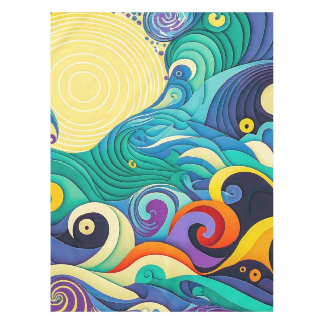 Abstract Colourful Sun Waves Line Art Illustration Tablecloth (Front)