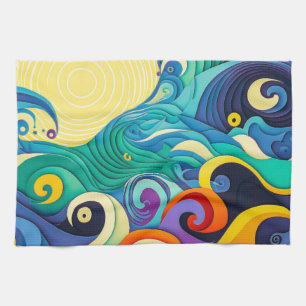 Abstract Colourful Sun Waves Line Art Illustration Tea Towel