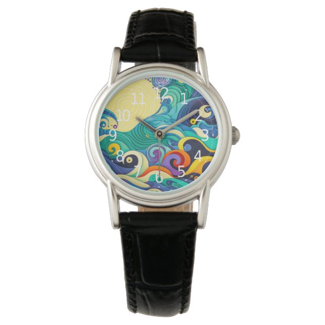 Abstract Colourful Sun Waves Line Art Illustration Watch (Front)