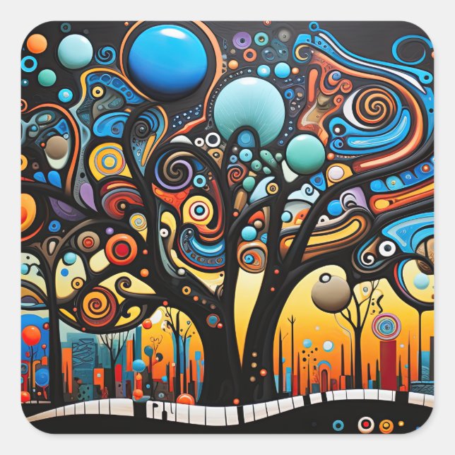 Abstract Colourful Swirl Tree Landscape Nature Square Sticker (Front)