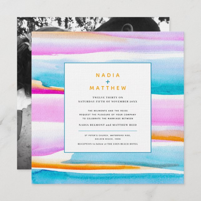 Abstract colourful tropical tide line photo weddin invitation (Front/Back)