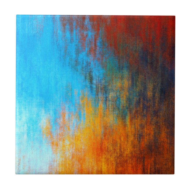 Abstract colourful turquoise blue, orange and red ceramic tile (Front)