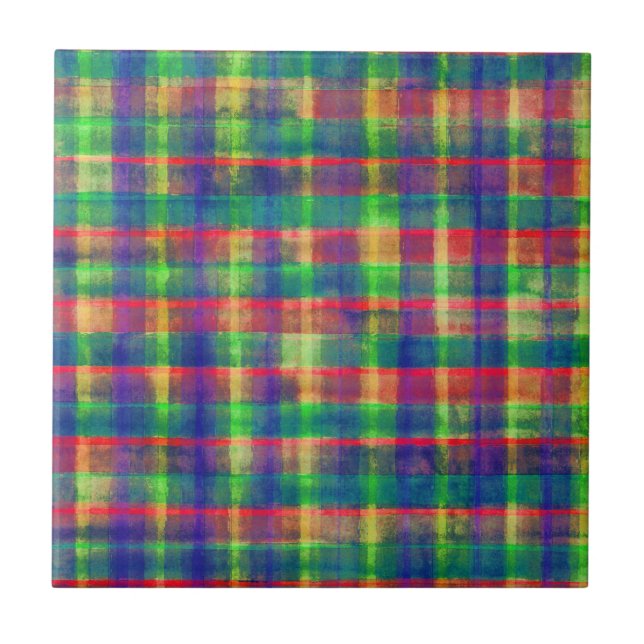 Abstract Colourful Watercolor Plaid Pattern Ceramic Tile (Front)