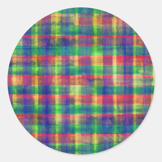 Abstract Colourful Watercolor Plaid Pattern Classic Round Sticker (Front)