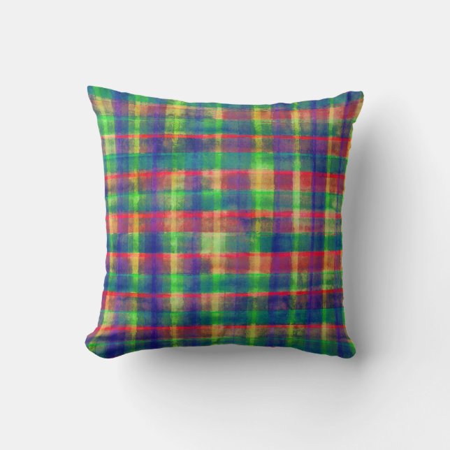 Abstract Colourful Watercolor Plaid Pattern Cushion (Front)