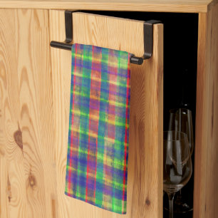Abstract Colourful Watercolor Plaid Pattern Tea Towel