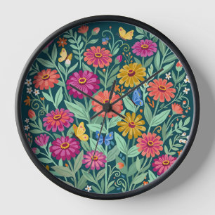 Abstract Colourful Zinnias Butterflies Art Clocks