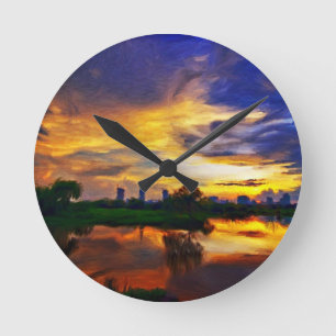 Abstract Colours Painting Saigon Sunset Round Clock