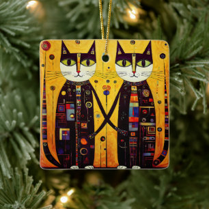 Abstract Companions: A Tale of Two Cats Ceramic Ornament