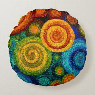 Abstract concentric circles in vibrant multicolor round cushion