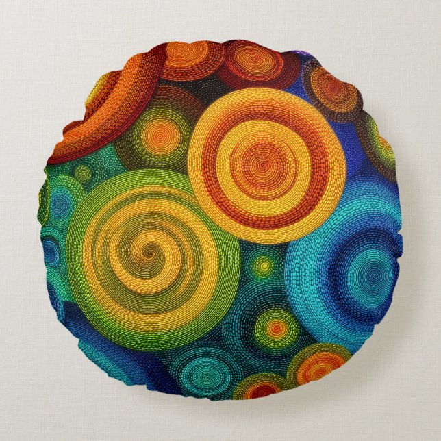 Abstract concentric circles in vibrant multicolor  round cushion (Front)